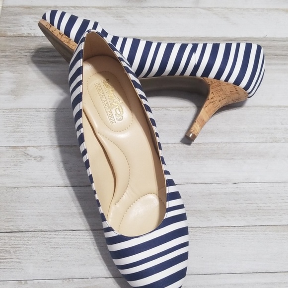 Coach and Four Shoes - Sz 8.5 Heels Nautical Stripe Cork Mini Platform